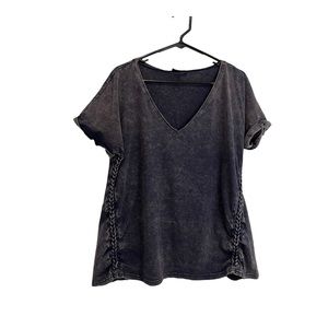 City Chic Black Gray Acid Wash Short Sleeve Side Lace Up V Neck Top Women Size S